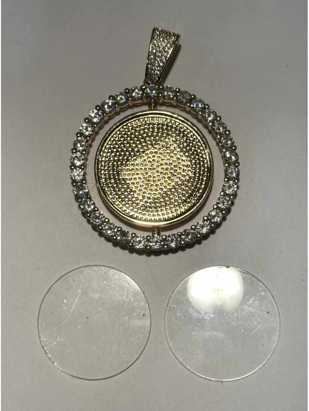 Gold Plated Coin Bezel Pendant Iced Out Rhinestone Medallion with Crystals